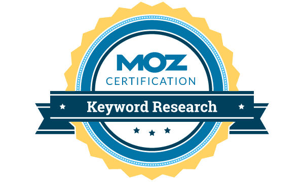 Circular yellow and blue Moz Certification badge for Keyword Research.