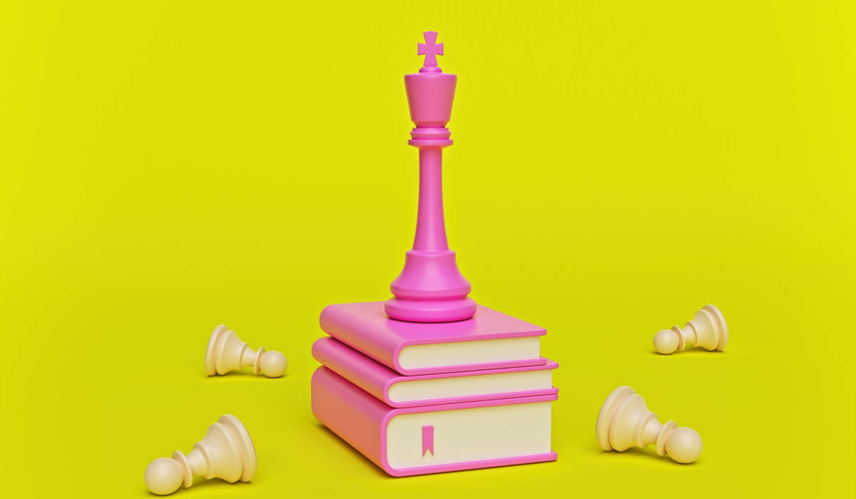 Leadership books with chess piece on top graphic