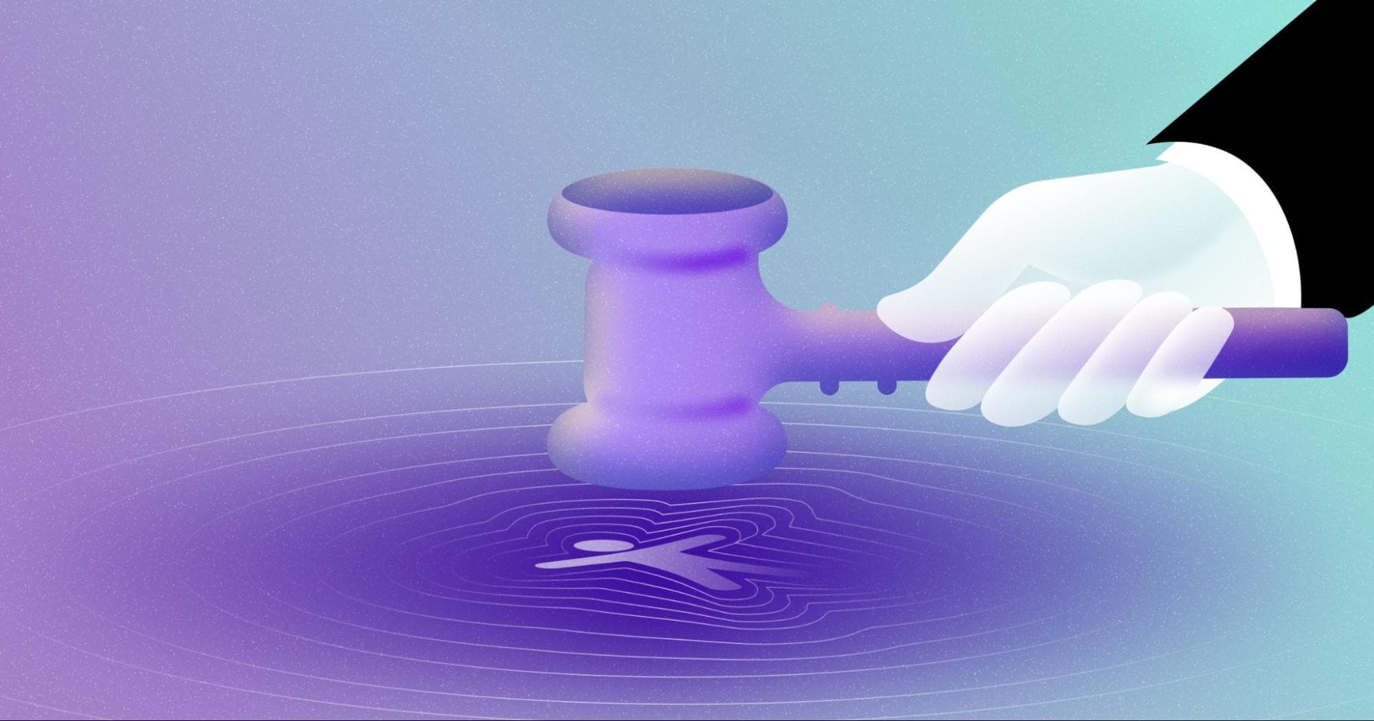 Purple illustration of a hand holding a gavel over a human symbol.