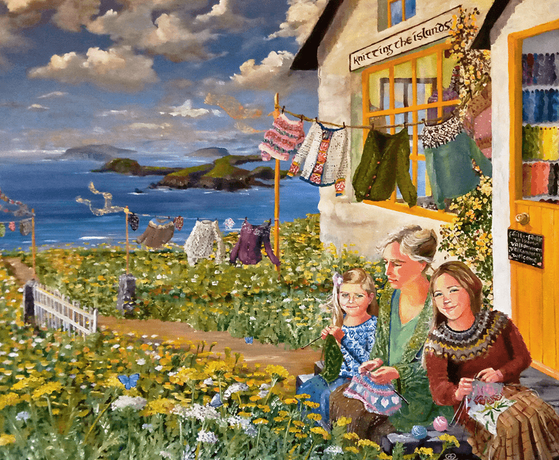 Fine art painting of a woman and girls knitting on the steps of a small business