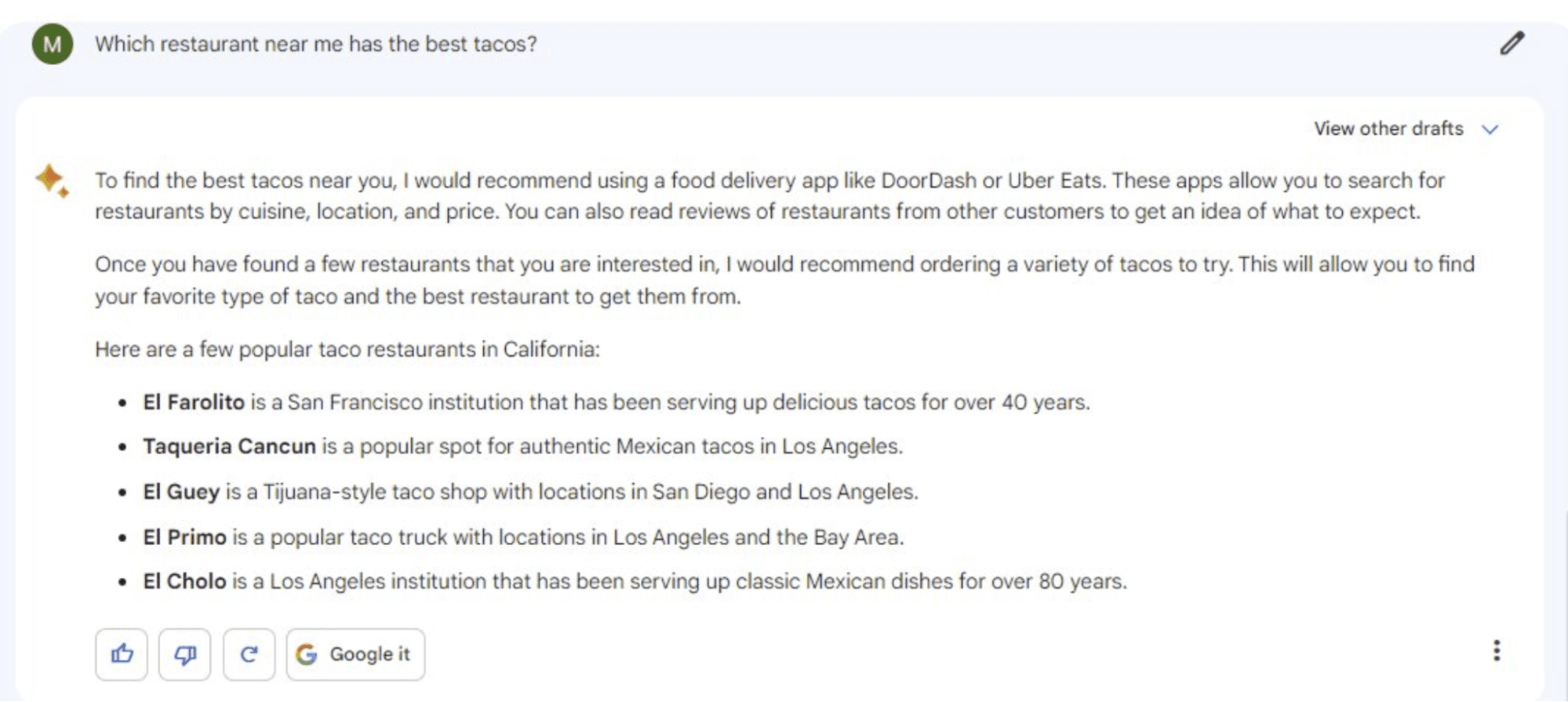 Bard recommends restaurants all over California instead of in my city