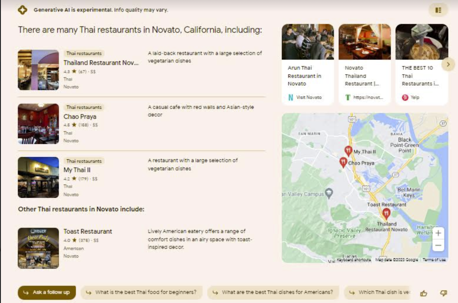 SGE pack listing Thai restaurants in Novato. The pack consists of a list of 3 businesses followed by a fourth business. There are photos, a map, a carousel of links to other sources and a set of buttons prompting the searcher to ask further questions.