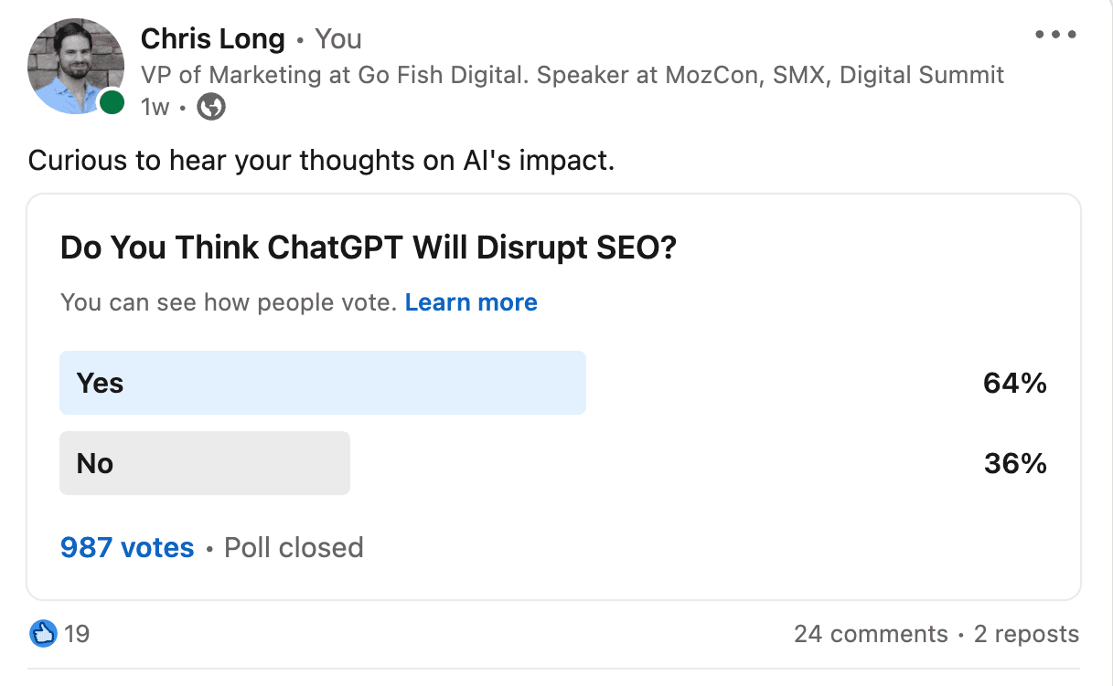 A poll on LinkedIn on the impact of AI in SEO