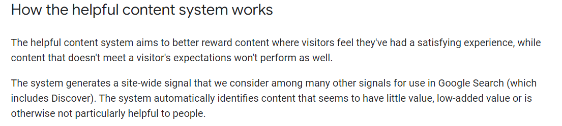 Screenshot from Google Search Console Blog showing the text relating to helpful content.