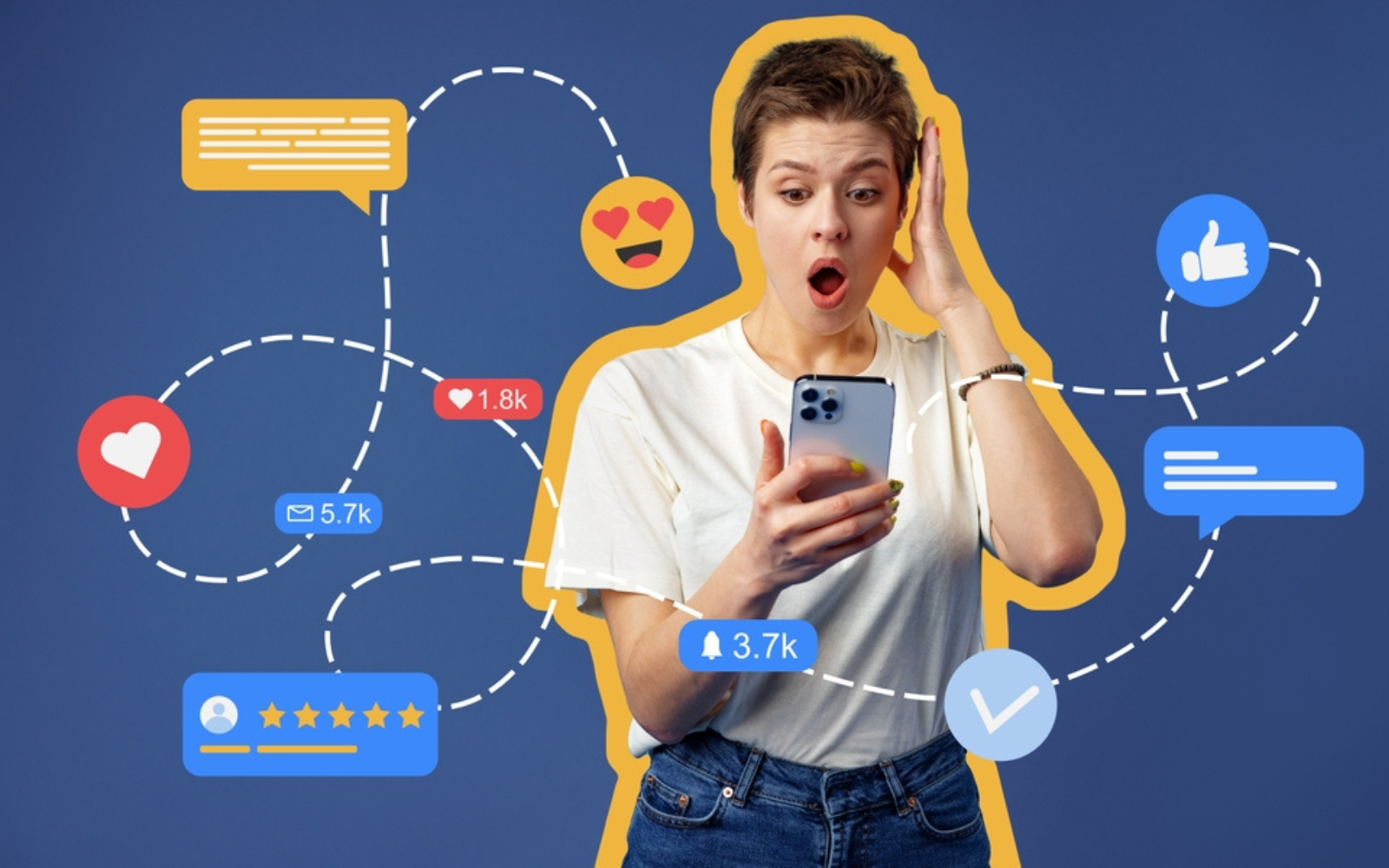 A surprised young woman using a smartphone surrounded by social media icons and emojis, including likes, comments, and ratings, on a blue background, illustrating aspects of brand community.