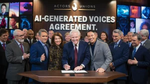 AI image of agreement between actors unions and startup / SAG-AFTRA secures agreement with Narrativ on AI voice clones.